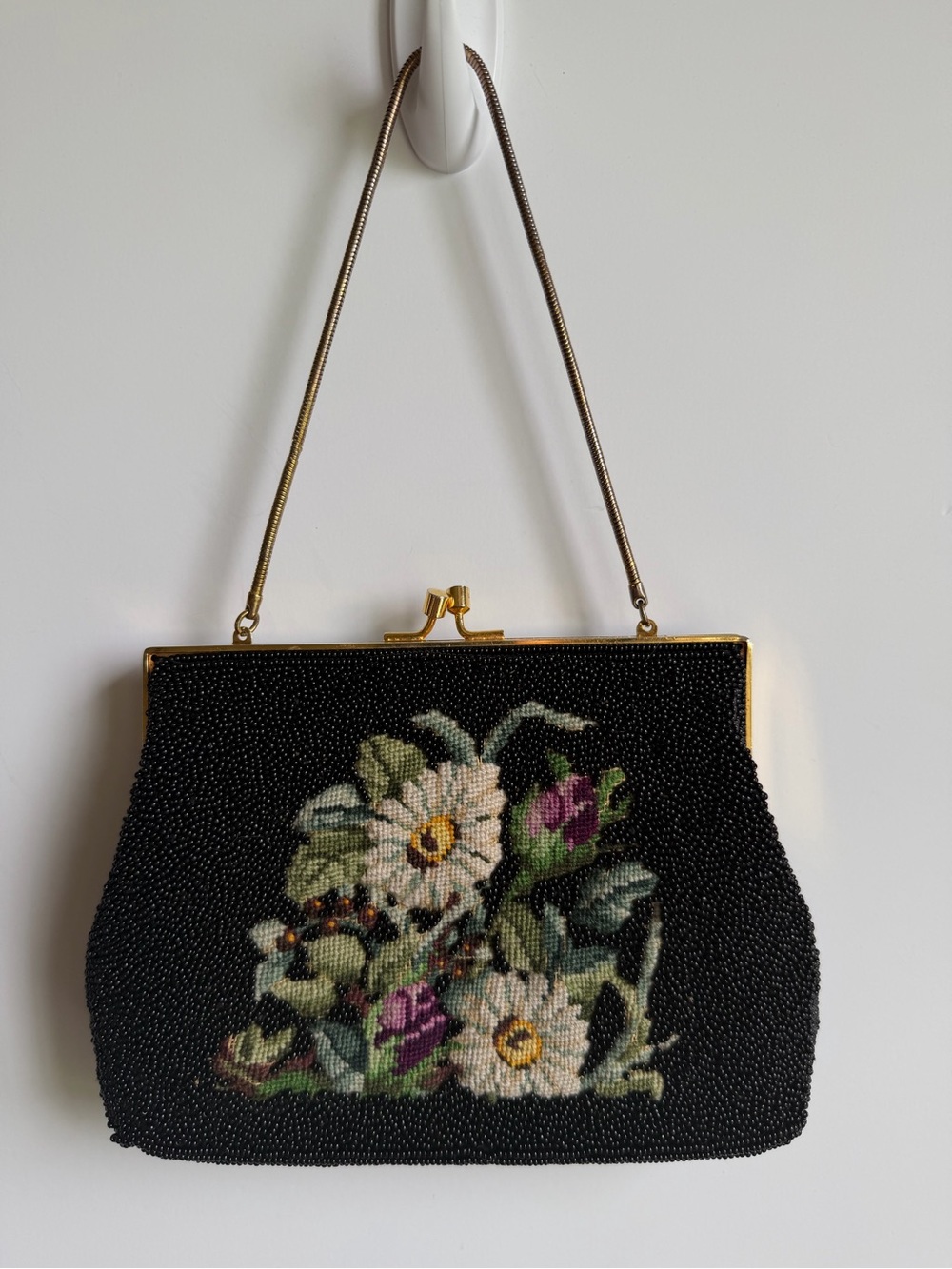 VTG 50s Petit Point Beaded Mini Purse Daisy Floral